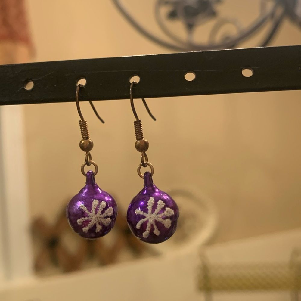 Purple snowflake dangling, jingle bell earrings